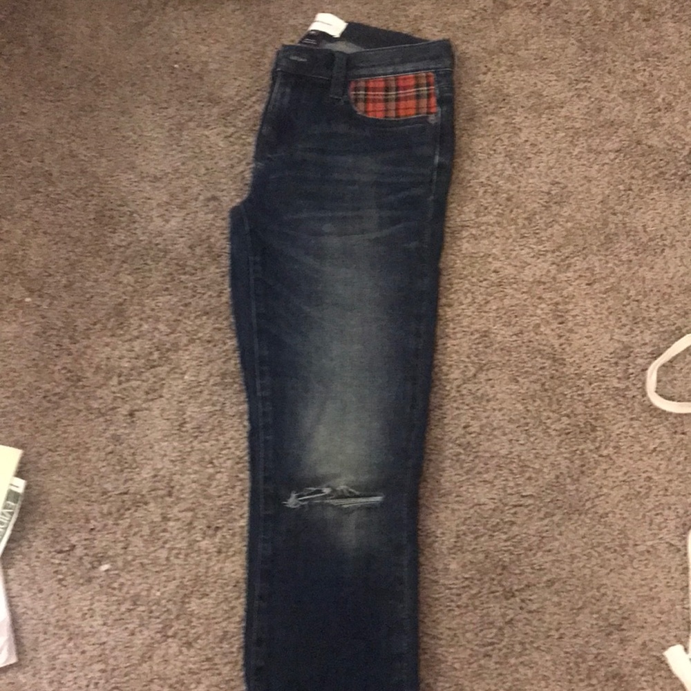 Current Elliot skinny jean with plaid insert.